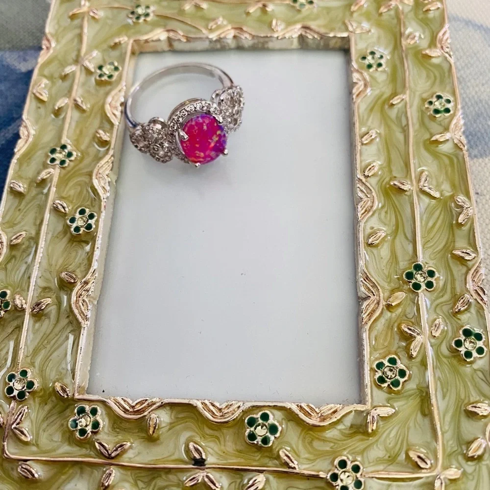 Sterling silver pink opal w/ rhinestones ring, Sz. 7